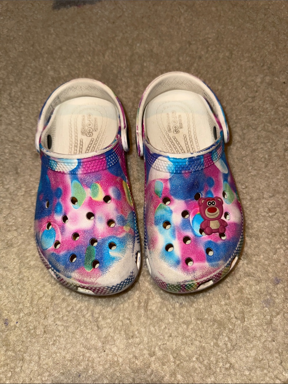 CROCS Kids Tie-Dye Pink & Blue Clogs with Bear Charm